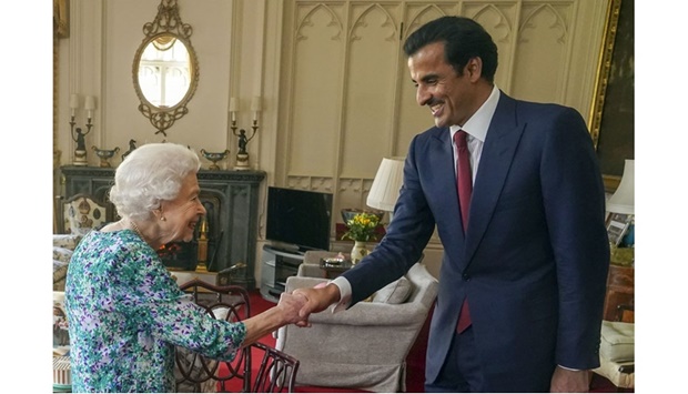 His Highness the Amir Sheikh Tamim bin Hamad al-Thani meets with Queen Elizabeth II of the United Kingdom at Windsor Castle in London