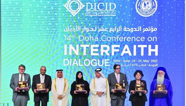 Winners of Doha International Award for Interfaith Dialogue 2022 with HE Minister of State for Foreign Affairs Sultan bin Saad al-Muraikhi and DICID chairperson Dr Ibrahim bin Saleh al-Nuaimi. PICTURE: Shaji Kayamkulam.