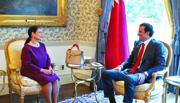 His Highness the Amir Sheikh Tamim bin Hamad al-Thani receives the Home Secretary of the United Kingdom Priti Patel at his residence in London