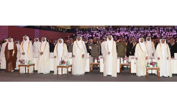 His Highness the Deputy Amir Sheikh Abdullah bin Hamad al-Thani and other dignitaries Wednesday at the graduation ceremony of Qatar University's 45th batch of male students.