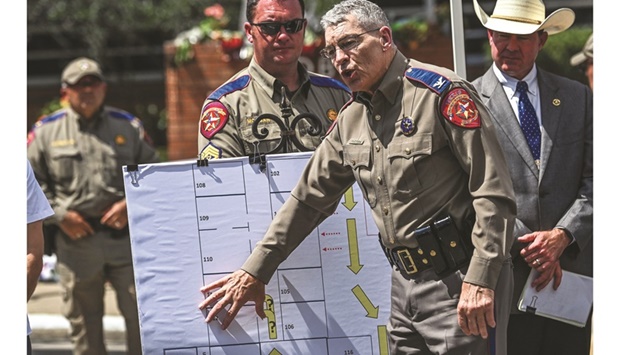 McCraw speaking at a press conference using a crime scene outline of the Robb Elementary School, showing the path of the gunman, outside the school in Uvalde, Texas.