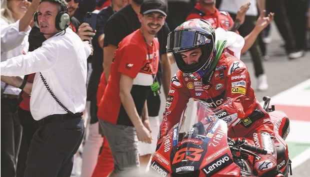 Ducati Lenovo Teamu2019s Italian rider Francesco Bagnaiacelebrates after winning the Italian Grand Prix at the Mugello race track, Tuscany, yesterday. (AFP)