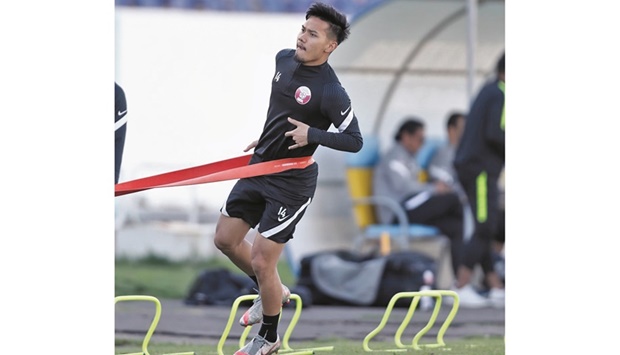 Qataru2019s under-23 players train in Tashkent on Monday.
