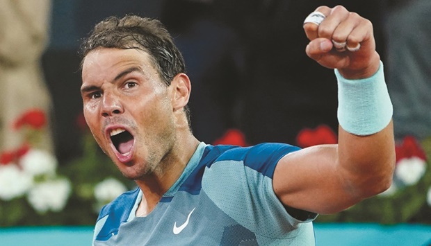 Spainu2019s Rafael Nadal celebrates after winning his second round match against Serbiau2019s Miomir Kecmanovic at the Madrid Open. (Reuters)