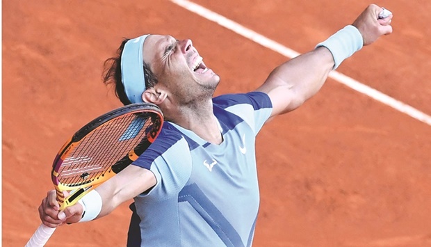 Spainu2019s Rafael Nadal celebrates beating Belgiumu2019s David Goffin in the Madrid Open match at the Caja Magica in Madrid yesterday. (AFP)