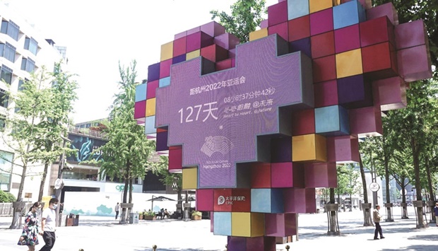 A countdown clock showing 127 days until the opening of the 2022 Asian Games is seen in Hangzhou, China, yesterday. (AFP)