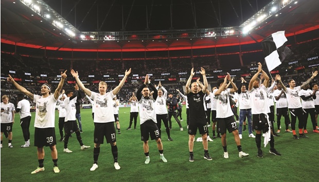 Eintracht Frankfurt players celebrate after reaching the Europa League final on Thursday. (Reuters)