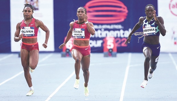 USAu2019s Javianne Oliver (left), Jamaicau2019s Shelly-Ann Fraser-Pryce (centre) and Namibiau2019s Christine Mboma compete in the womenu2019s 100m event at the Kip Keino Classic in Nairobi yesterday. (AFP)