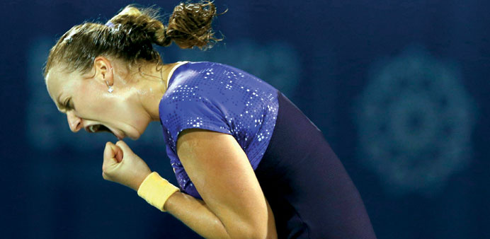 Petra Kvitova reacts after hitting a winner against Sara Errani during their WTA Dubai Championships final yesterday. (Reuters)