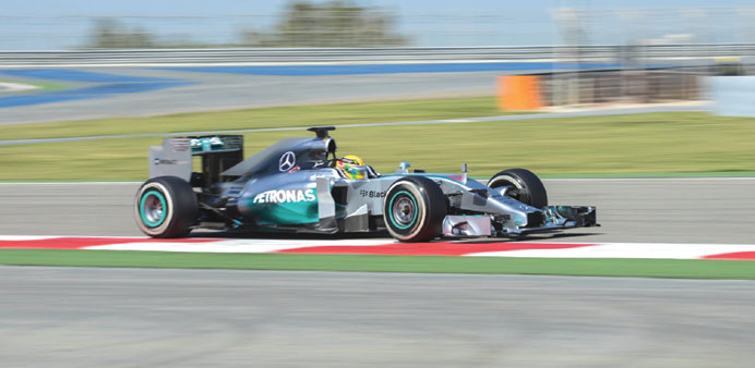 Englandu2019s Lewis Hamilton in action during the fourth day of the second pre-season Formula One test at the Bahrain International Circuit in Sakhir yest