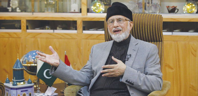 Muhammad Tahirul Qadri, a Sufi cleric and leader of the Minhaj-ul-Quran religious organisation, speaking during an interview with Reuters in Lahore.