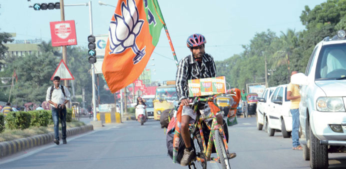 Bharatiya Janata Party activist Vinay Kumar Sahu who cycled all the way from Mangalore arrives in Patna, Bihar yesterday. Bihar will elect a new 243-m