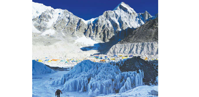 Everest Base Camp is seen from Crampon Point, the entrance into the Khumbu icefall below Mt Everest.