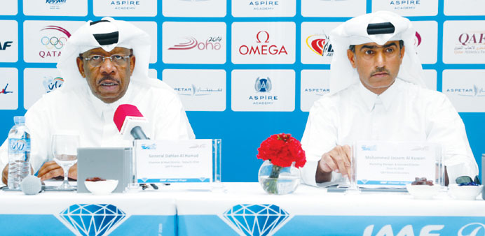 Qatar Athletics Federation president General Dahlan al-Hamad and QAF general secretary Mohamed Jassem al-Kuwari during the press conference yesterday.