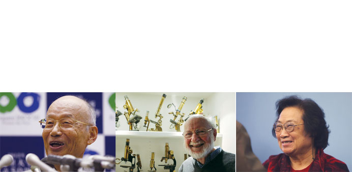 Nobel laureates (from left): William Campbell, Satoshi Omura and Tu Youyou.