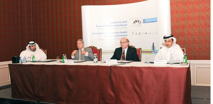 From left: HMC Corporate Communications department media head Hassan al-Hail, professor Hillhouse, Dr Wartman and Dr al-Khal are seen at the press mee