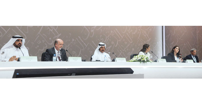 Dr Ahmed Hassan al-Hammadi (third left) and other panellists at the Doha Youth Forum yesterday.