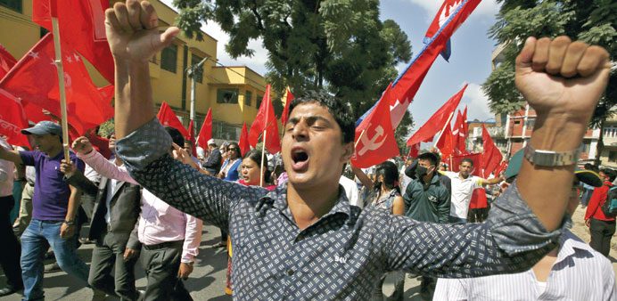 Demonstrators affiliated with various political parties take part in an anti-India protest in Kathmandu yesterday.