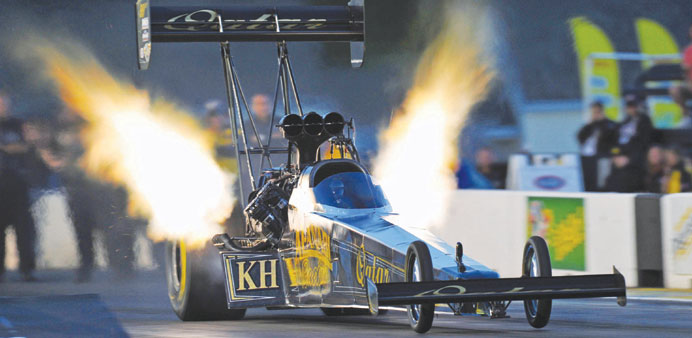Qatar Al-Anabi Racing Top Fuel driver Khalid al-Balooshi makes his Friday-night qualifying run in Epping, New Hampshire.