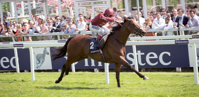 Jockey Andrea Atzeni rides Qatar Racingu2019s Arod to land a runaway victory in the Investec Diomed Stakes at Epsom yesterday.