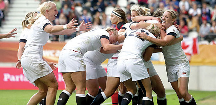 England players celebrate after defeating Canada in the final of the Womenu2019s rugby World Cup in Paris on Sunday.