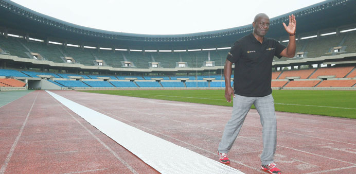 Former Canadian sprinter Ben Johnson poses on the track of Jamsil Stadium in Seoul yesterday. (EPA)