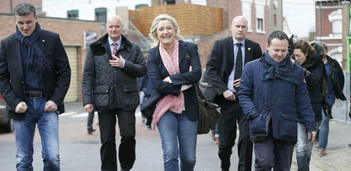 Franceu2019s far-right National Front leader Marine Le Pen after leaving a polling station where she voted in Henin-Beaumont, northern France, yesterday.