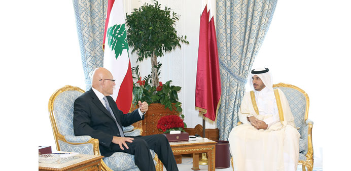    HE the Prime Minister and Minister of Interior Sheikh Abdullah bin Nasser bin Khalifa al-Thani meeting Lebanese Prime Minister Tammam Salam in Doha