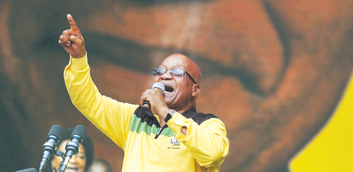 Zuma speaks during the ANC partyu2019s 102nd anniversary celebration, where they also launched their election manifesto, at Mbombela stadium in Nelspruit.