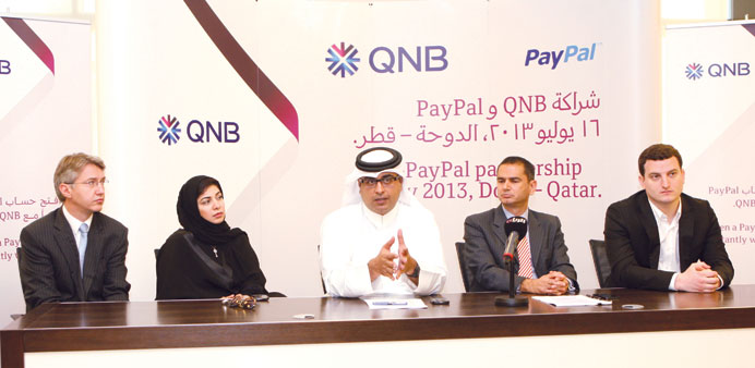 Ali Rashid al-Mohannadi speaks as Elias Ghanem (second right) and others look on at a press meeting yesterday. PICTURE: Jayaram