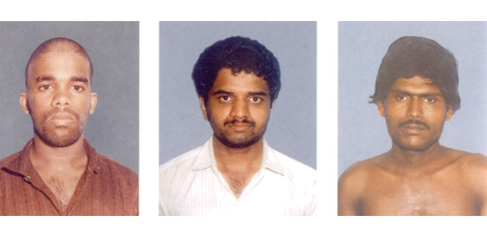 Murugan (left), Perarivalan (centre) and Santhan, whose death sentences were commuted to life and who are due to be released within days.