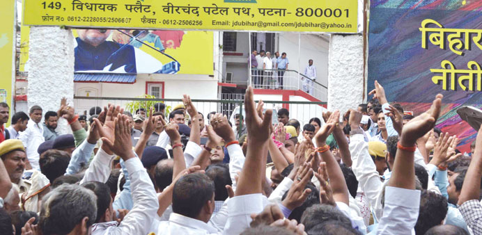 Angry JD-U workers stage a protest after their leaders were denied tickets to contest the Bihar assembly elections in Patna yesterday.