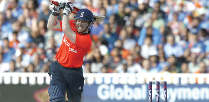 England captain Eoin Morgan in full flow during his 31-ball-71 in yesterdayu2019s T20 international against India at Edgbaston in Birmingham. (AFP)
