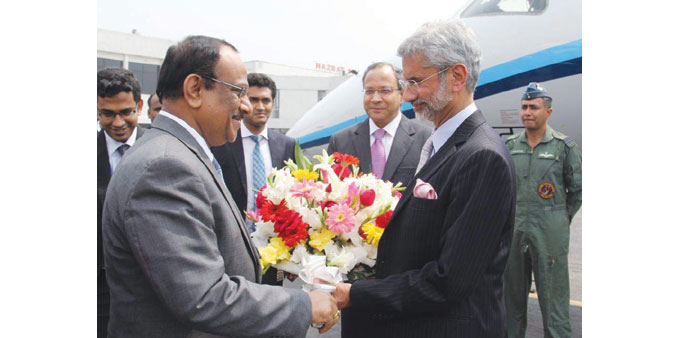 Indian Foreign Secretary S Jaishankar being welcomed as he arrives in Dhaka yesterday.