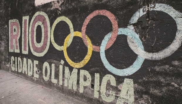 A graffiti with the logo of the Olympic Games on a wall of Rio de Janeiro, Brazil.