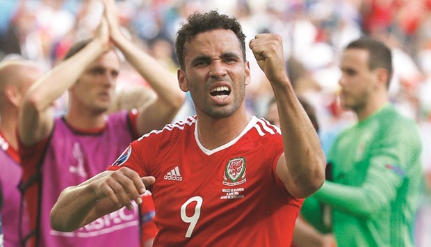 Walesu2019 Hal Robson-Kanu celebrates at the end of the Euro 2016, Group B match against Slovakia yesterday at the Stade de Bordeaux.