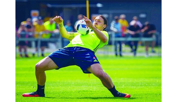 Sweden captain Zlatan Ibrahimovic shows his skills at  a training session in Bastad, Sweden. (AFP)