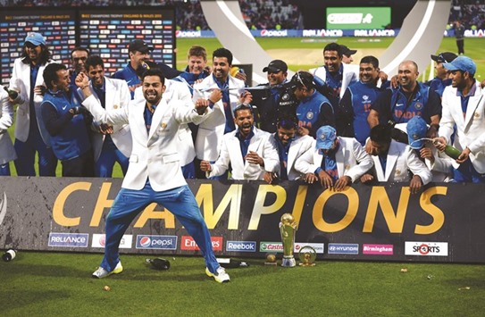 Indian cricketers celebrate their 2013 Champions Trophy triumph at Edgbaston.