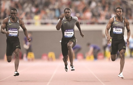 Asian record holder Femi Ogunode of Qatar (left) will challenge American sprint star Justin Gatlin in Rome today.