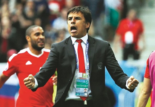 Wales head coach Chris Coleman (R) celebrates after Gareth Bale (not pictured) scored against Slovakia.