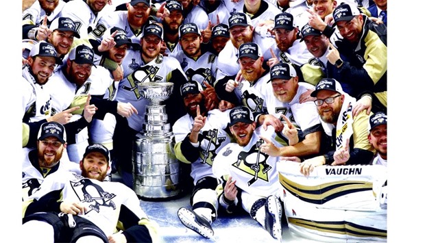Sidney Crosby #87 and the Pittsburgh Penguins celebrate after their 3-1 victory to win the Stanley Cup against the San Jose Sharks in Game Six of the 2016 Stanley Cup Final.