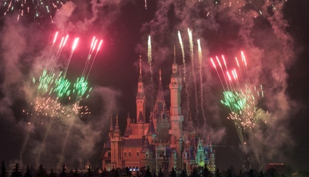 Fireworks being set off near the Enchanted Storybook Castle at the Shanghai Disney Resort in Shangha