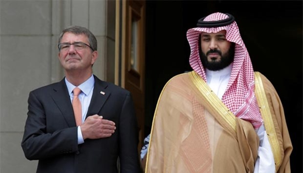 US Defence Secretary Ash Carter hosts an enhanced honour cordon to welcome Saudi Arabia's Deputy Crown Prince and Minister of Defense Mohammed bin Salman to the Pentagon in Washington on Thursday.