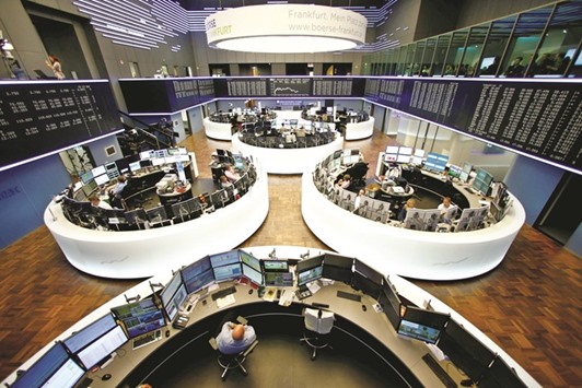 A general view of the Frankfurt Stock Exchange yesterday. Frankfurtu2019s DAX 30 was down 0.6% at 9,550.47 points at close.