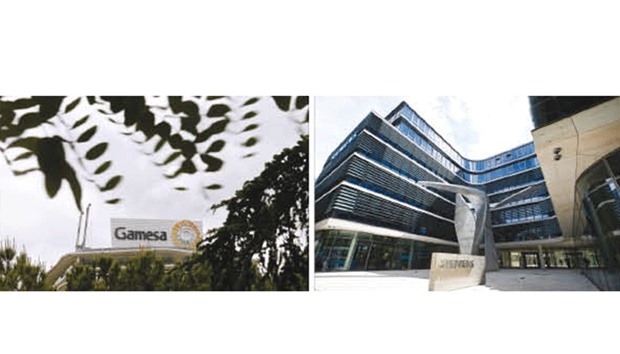 The logo of Spainu2019s Gamesa is seen at its headquarters in Madrid and (right) the new Siemens headquarters in Munich. The combined business would bring together Siemensu2019 strength in offshore wind power and Gamesau2019s leading role in developing markets.