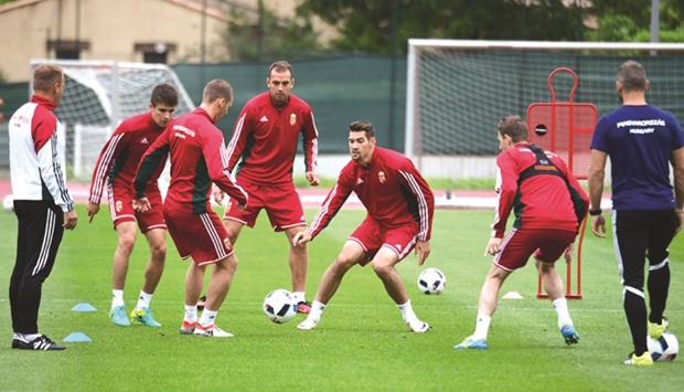 Hungary players attend a training session ahead of todayu2019s Euro clash against Iceland in Marseilles. (AFP)