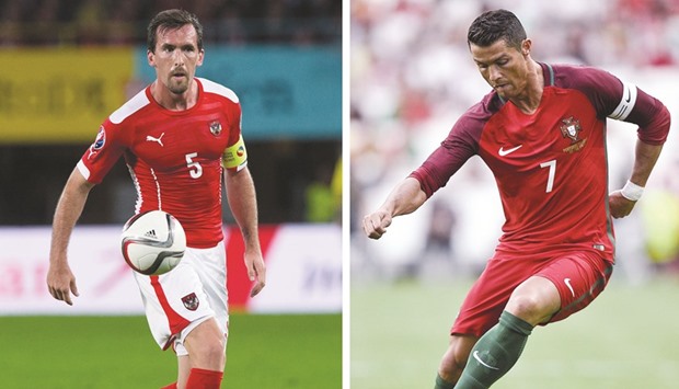 KEY MEN: Austria captain Christian Fuchs (left) and his Portugal counterpart Cristiano Ronaldo will hold the key to their respective teamu2019s fortunes in their Euro clash today. (AFP)