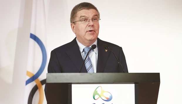File picture of International Olympic Committee (IOC) president Thomas Bach delivering a speech in Santos, Sao Paulo, Brazil.