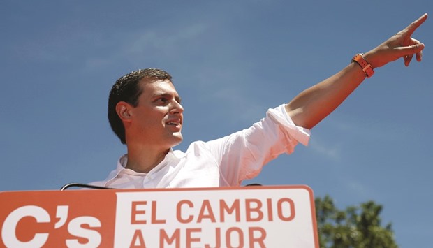 Ciudadanos party leader Albert Rivera gestures during a campaign rally in Madrid yesterday.