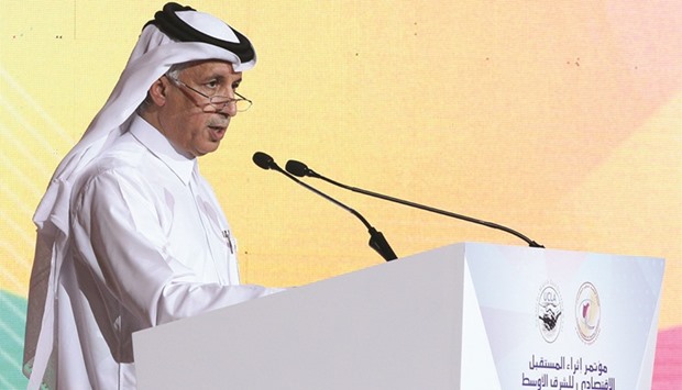 HE the Assistant Foreign Minister for Foreign Affairs Sultan bin Saad al-Meraikhi addressing the closing session of the  11th Enriching the Middle Eastu2019s Economic Future Conference in Doha yesterday.